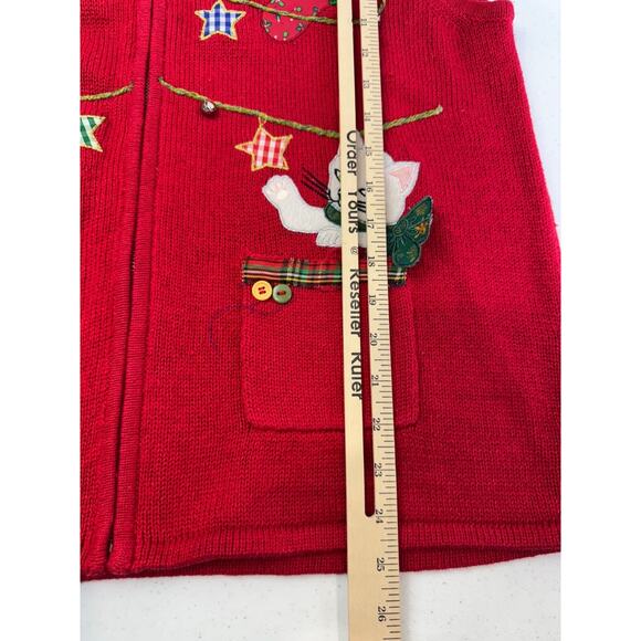 Vintage Studio Joy Red Zip-Up Vest Embroidered Christmas Cats Faux Fur Collar XL - Picture 8 of 10